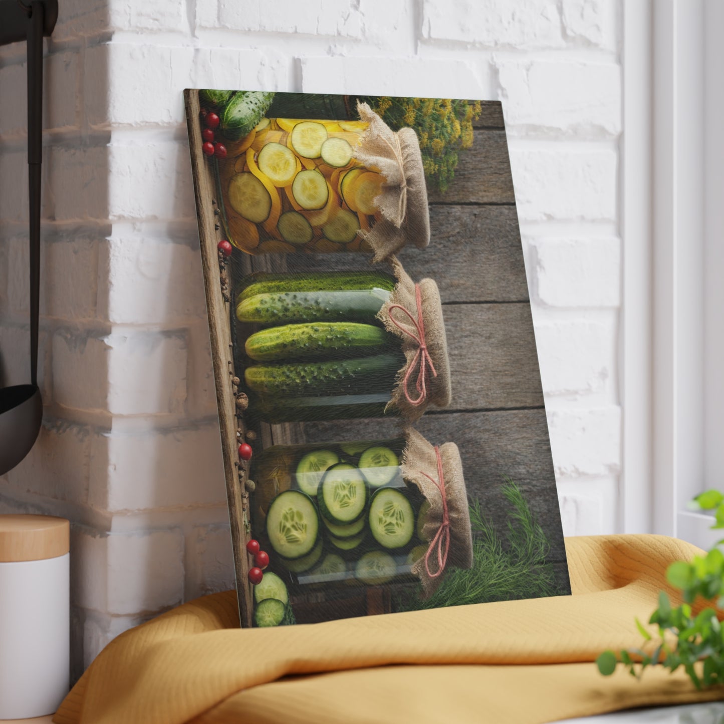 Rustic Pickle Jar Glass Cutting Board – Farmhouse Kitchen Food Art Display
