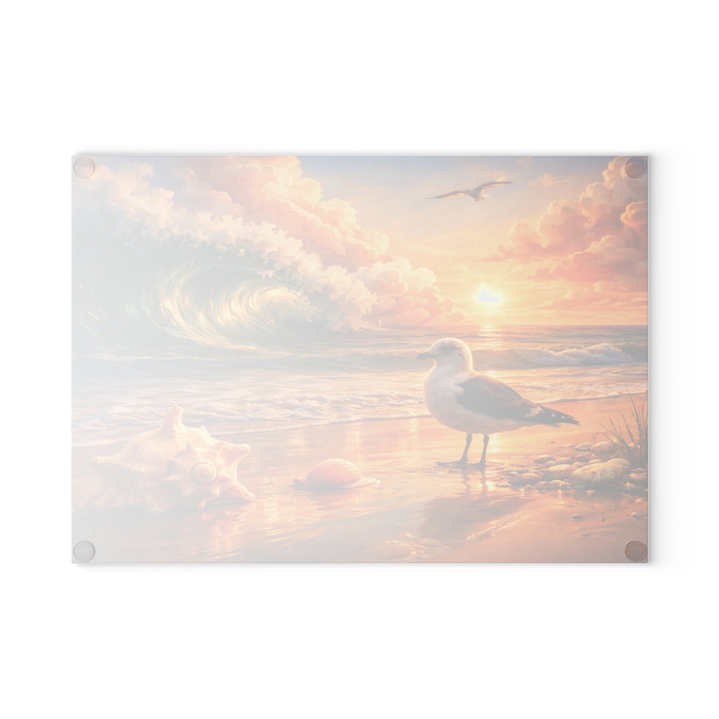 Golden Coastal Wave Glass Cutting Board – Ocean Sunset Seagull Beach Kitchen Art