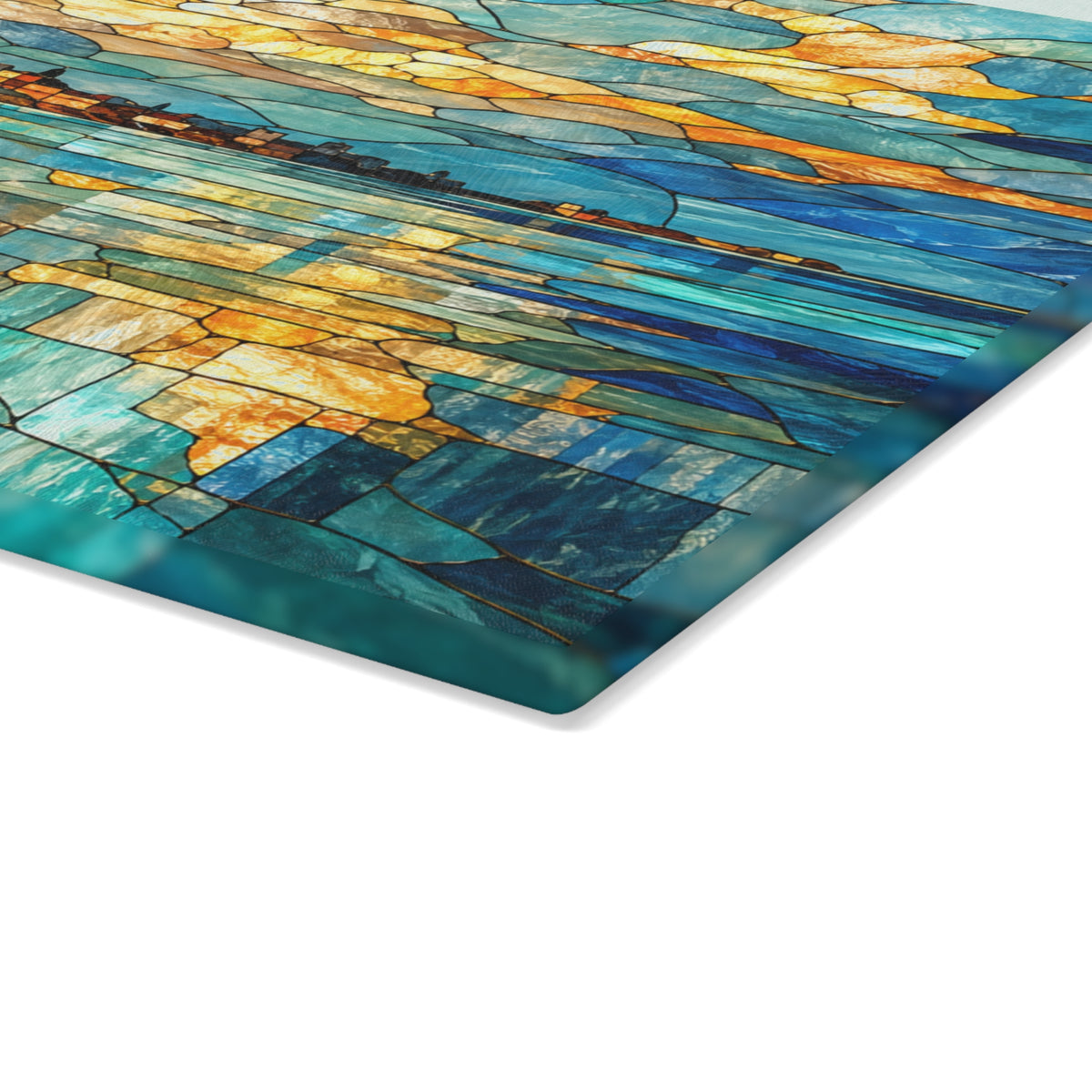 Coastal Waterfront Stained-Glass-Inspired Glass Cutting Board – Ocean Kitchen Decor