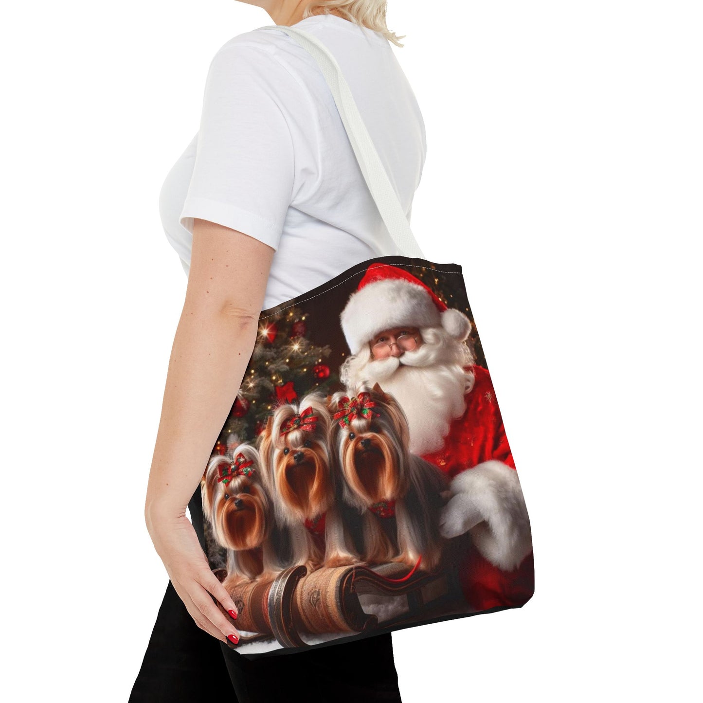 🎅 Santa & Yorkies Christmas Tote Bag – Holiday Cheer with a Furry Twist 🎄