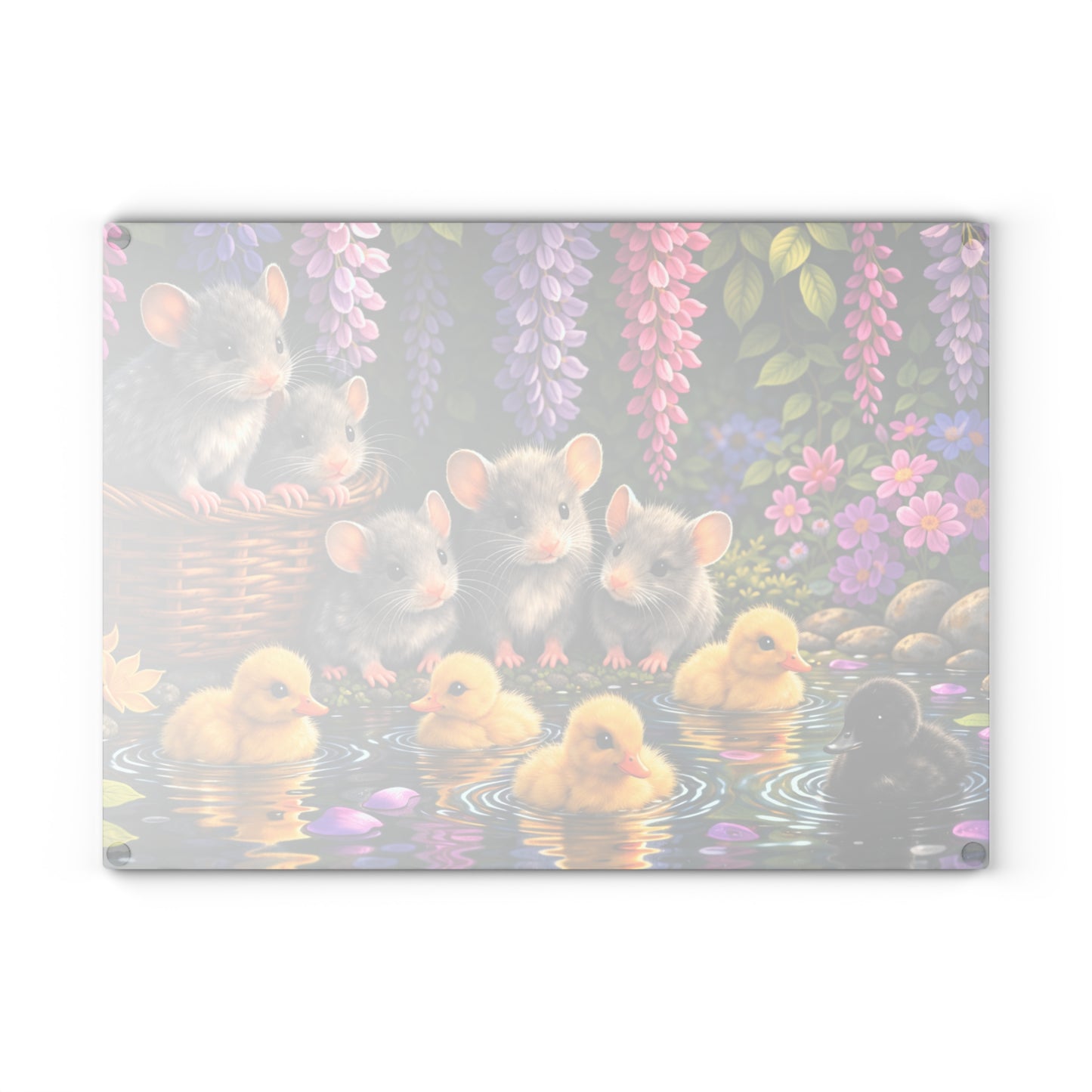 Baby Ducklings and Mice Pond Glass Cutting Board – Whimsical Woodland Garden Artwork