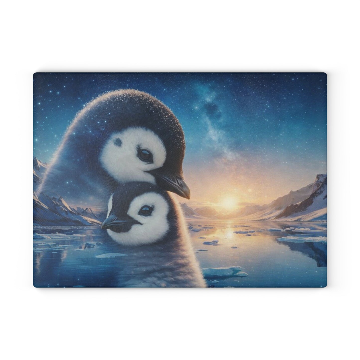 Arctic Penguin Family Northern Sky Glass Cutting Board – Peaceful Polar Wildlife Kitchen Art