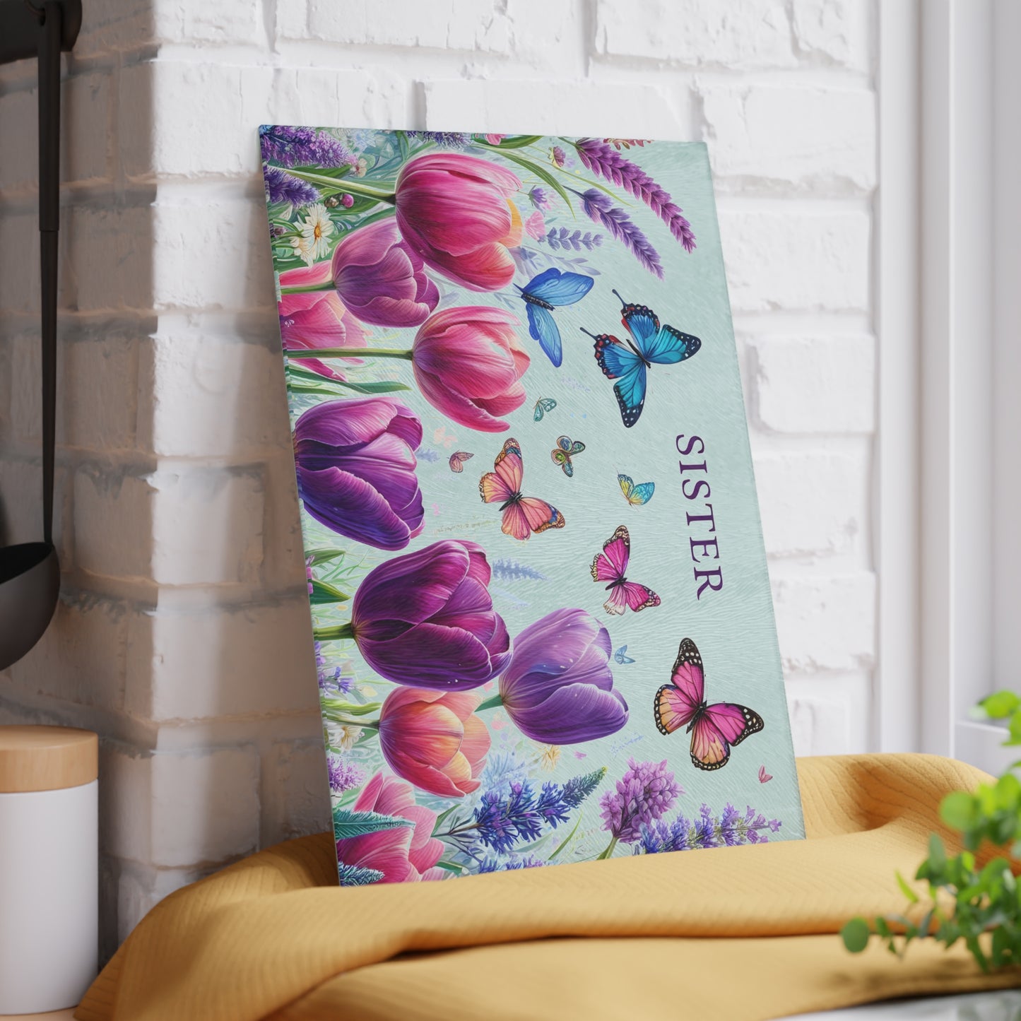 🦋 Sister Butterfly & Tulip Cutting Board – Floral Elegance for Her Kitchen 🌷