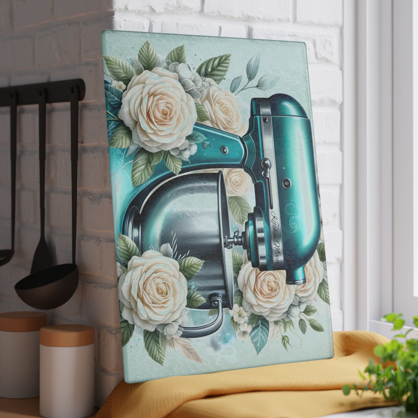 🌸 Teal Kitchen Mixer Cutting Board – Floral Elegance for Your Kitchen 🌿