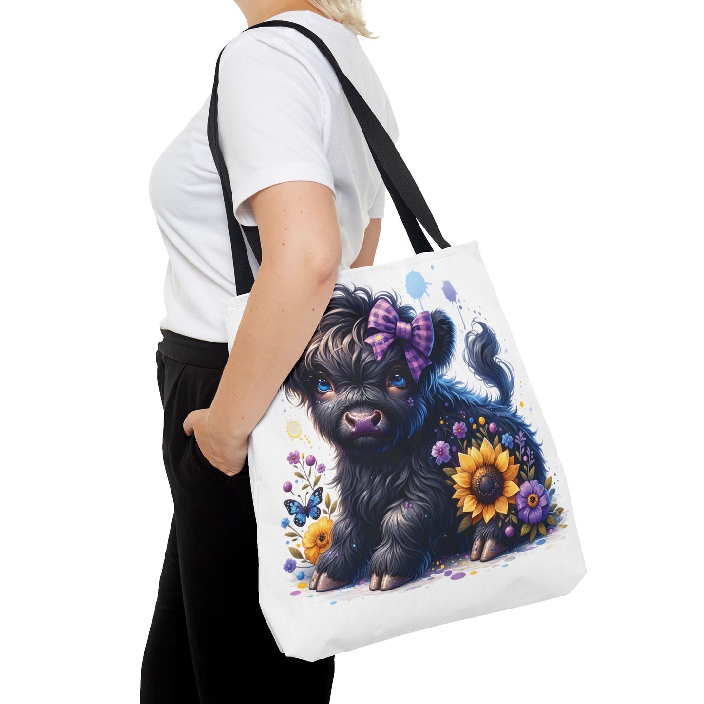 💜 Purple Bow Black Highland Calf Tote Bag – Country Charm with a Pop of Color 🐮👜
