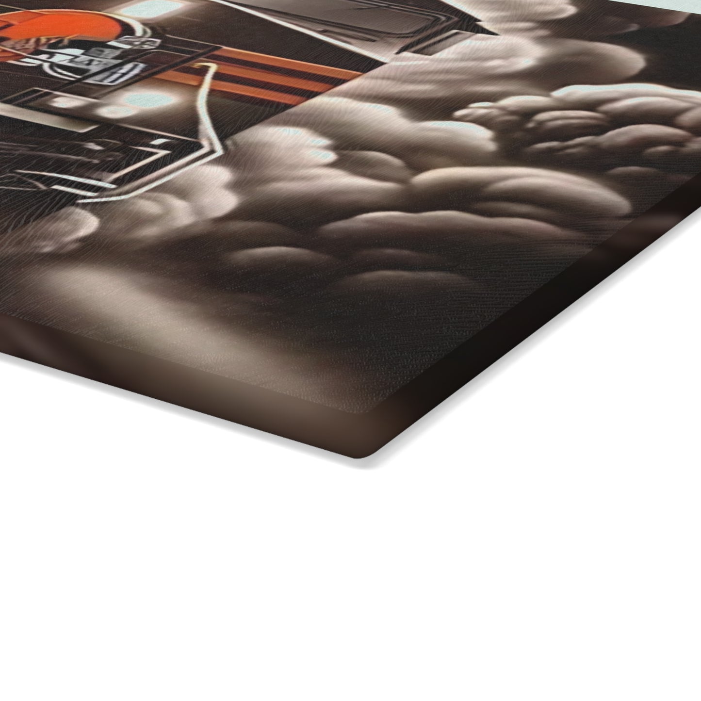 Brown & Orange Express Glass Cutting Board – Classic Train Design for Warm Rustic Kitchens