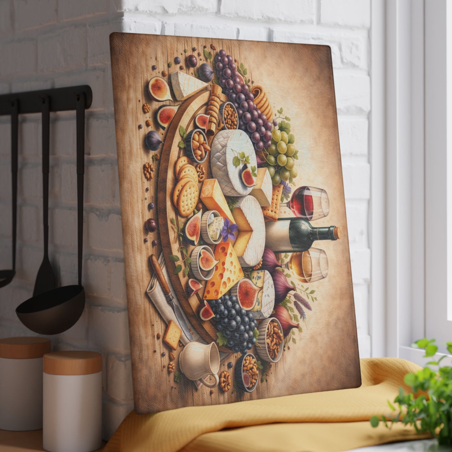 Artisan Cheese & Wine Still Life Glass Cutting Board – Elegant Entertaining Kitchen Décor