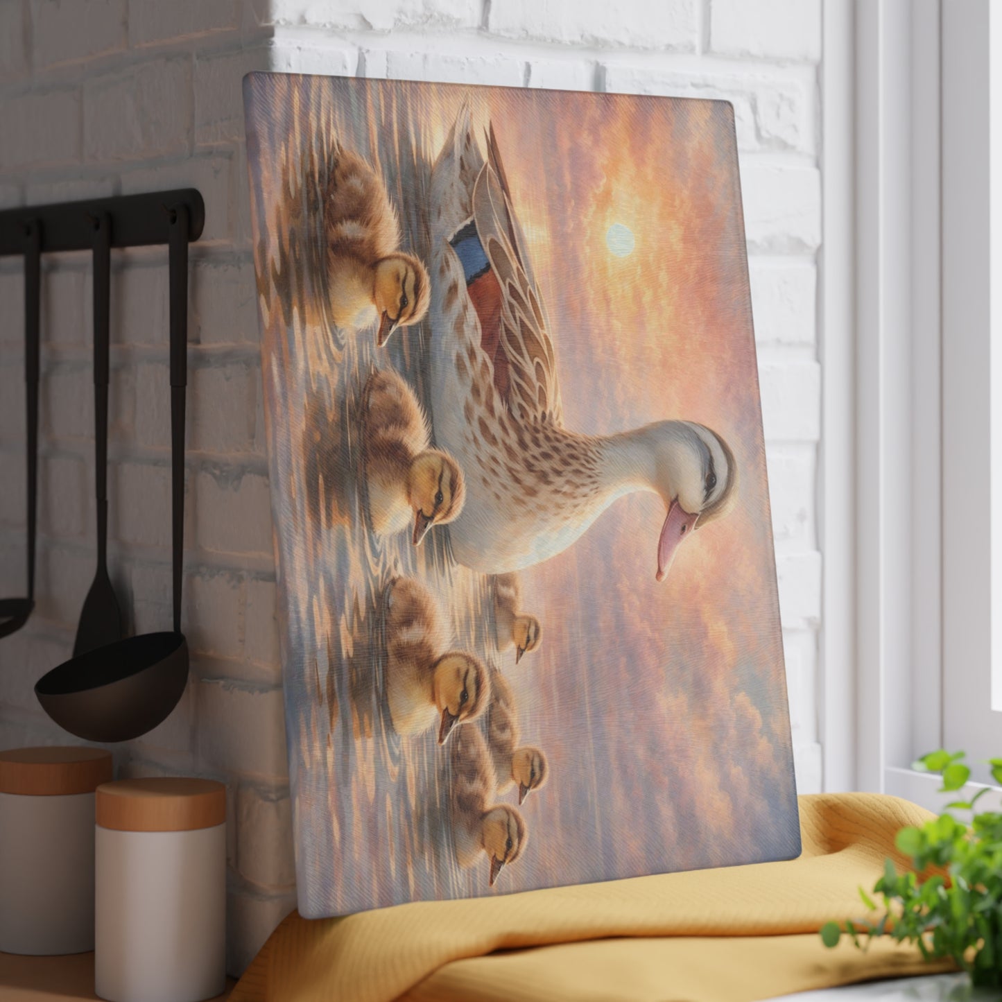 Duck Family Sunset Lake Glass Cutting Board – Peaceful Wildlife Nature Kitchen Art
