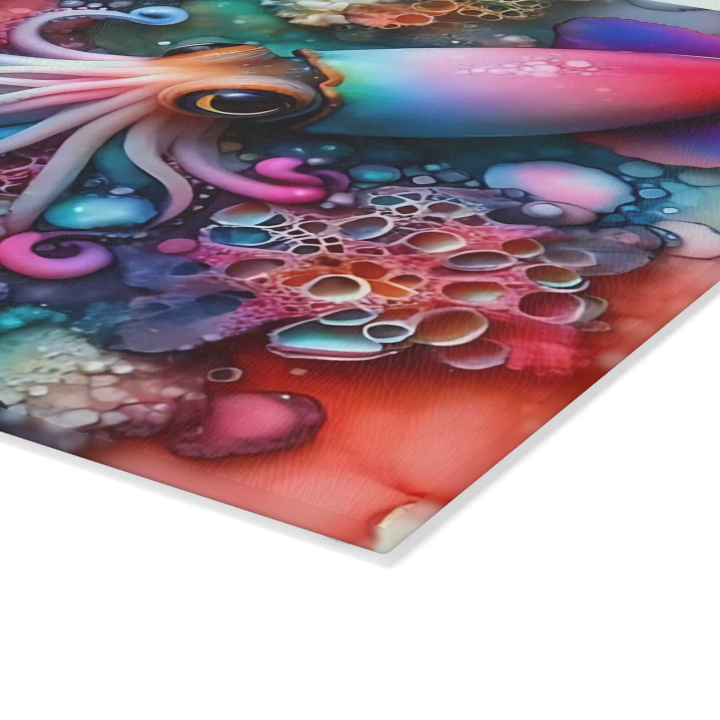 Tabla de cortar de vidrio con diseño de calamar en acuarela: arte submarino vibrante para exhibiciones de cocina llamativas