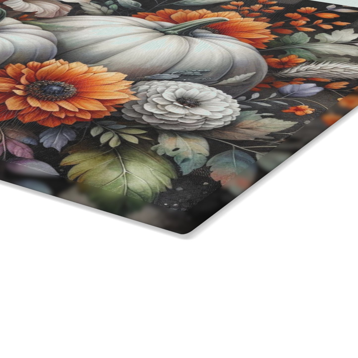 🎃 White Pumpkin & Floral Cutting Board – Rustic Elegance Meets Autumn Charm