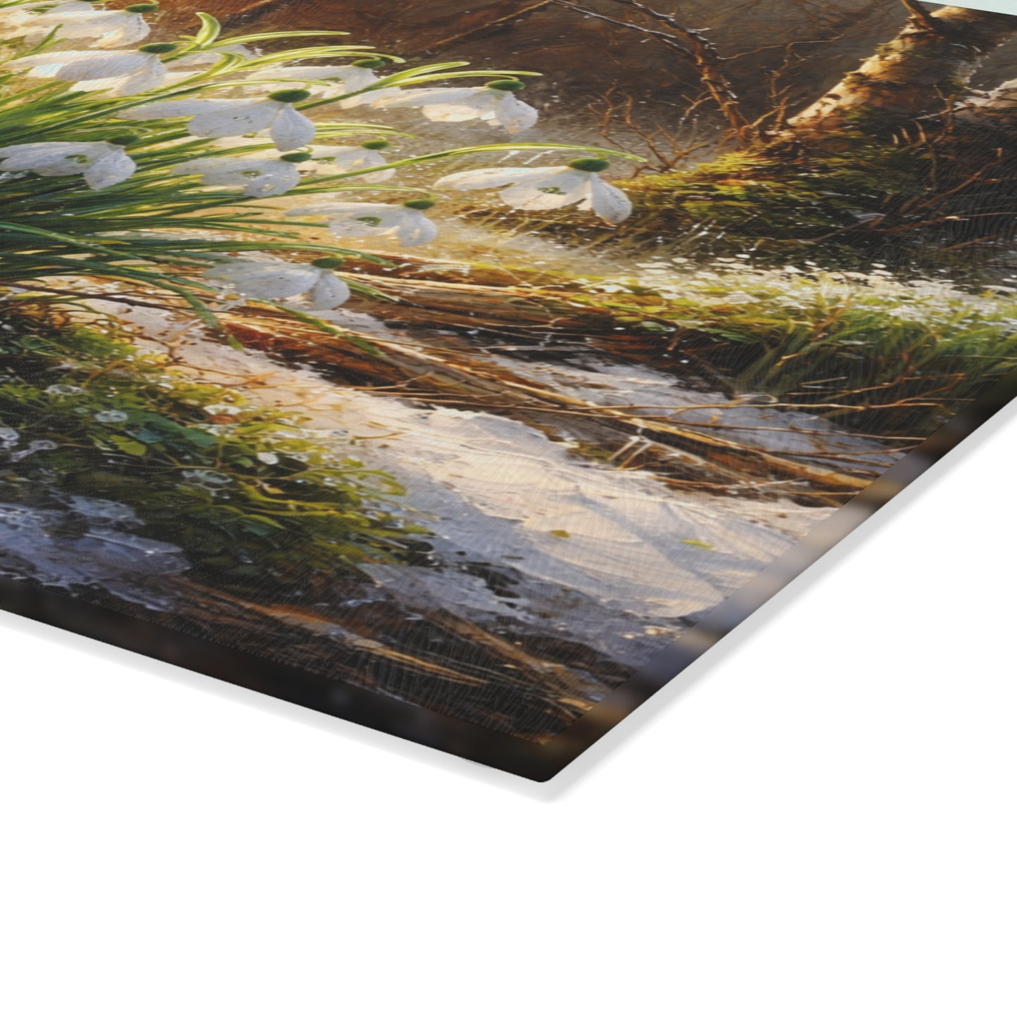 Snowdrops in Winter Forest Glass Cutting Board – Early Spring Botanical Nature Art