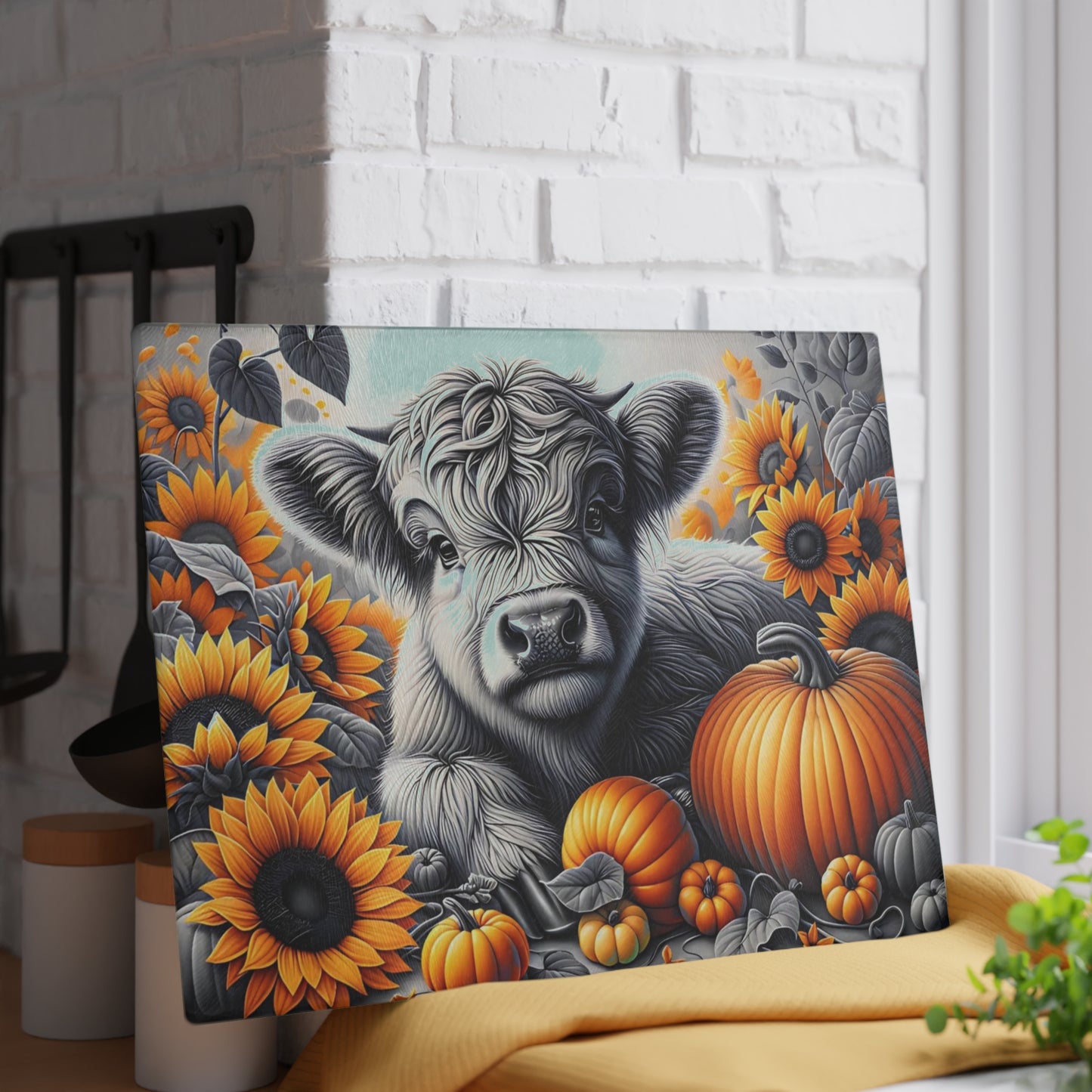 🐮🌻 Autumn Highland Calf Cutting Board – Rustic Charm with Pumpkins & Sunflowers 🎃🍂