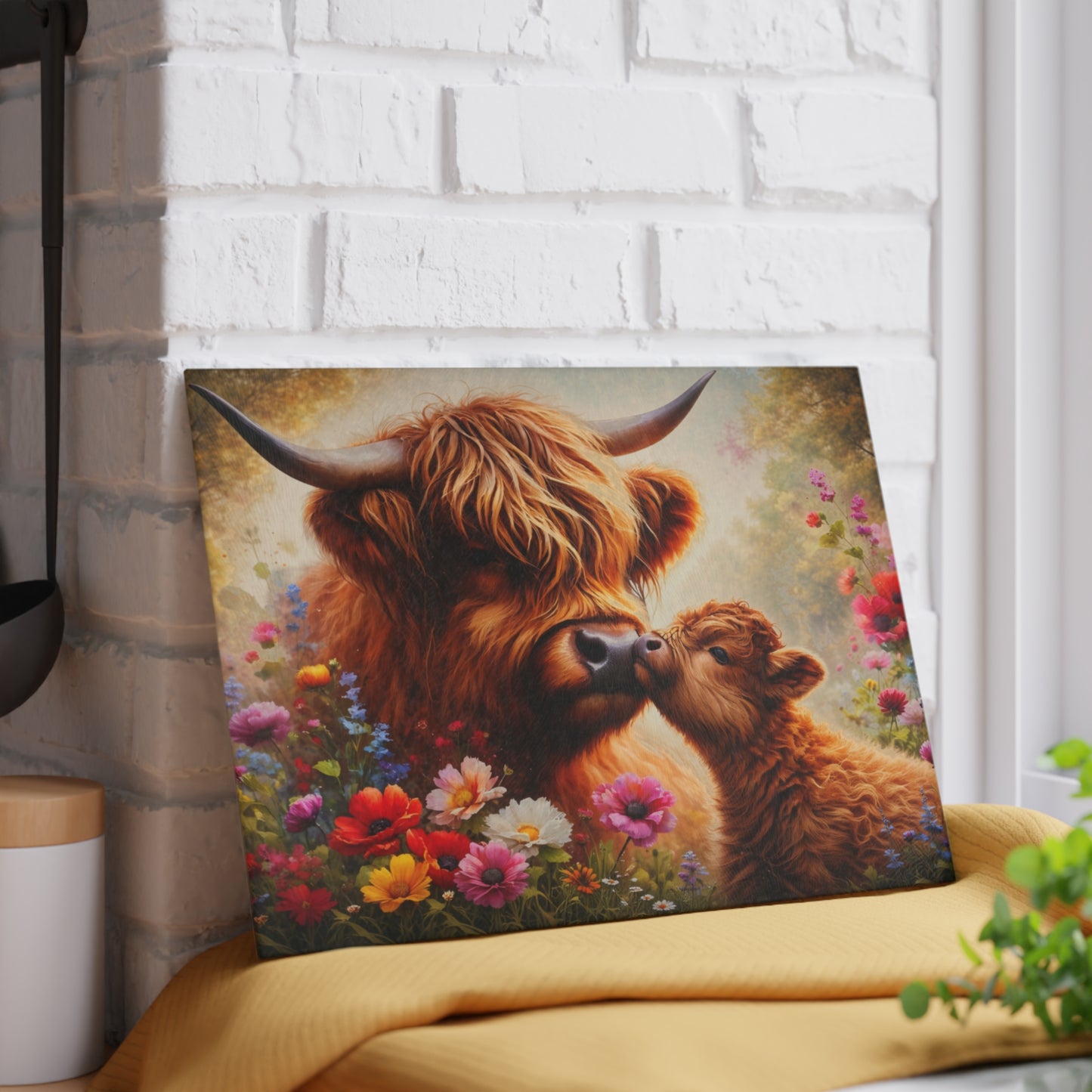 Highland Cow and Calf Floral Glass Kitchen Surface – Warm Farmhouse Style Artwork