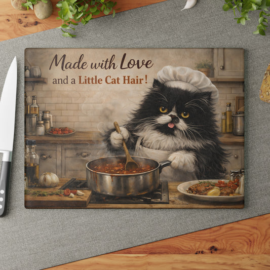 Made with Love and a Little Cat Hair Glass Cutting Board – Funny Cat Kitchen Art