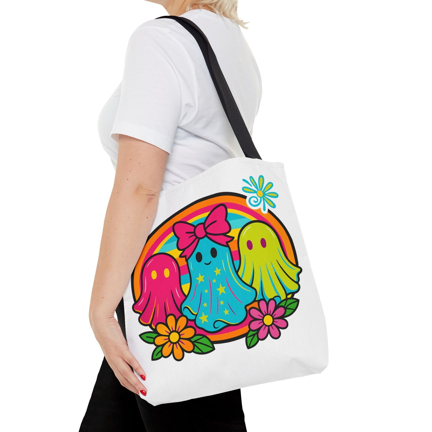 🌈 Retro Rainbow Ghosts Tote Bag – Groovy Spooky Fun 👻👜
