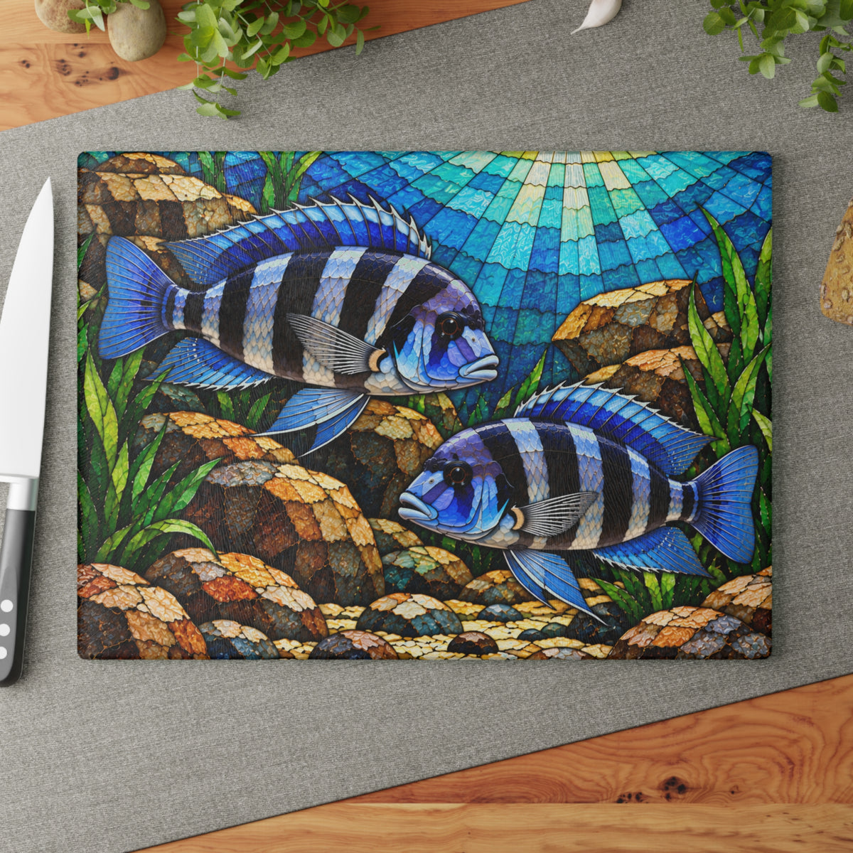 Blue Cichlids Stained-Glass-Look Glass Cutting Board – Aquarium Fish Kitchen Decor