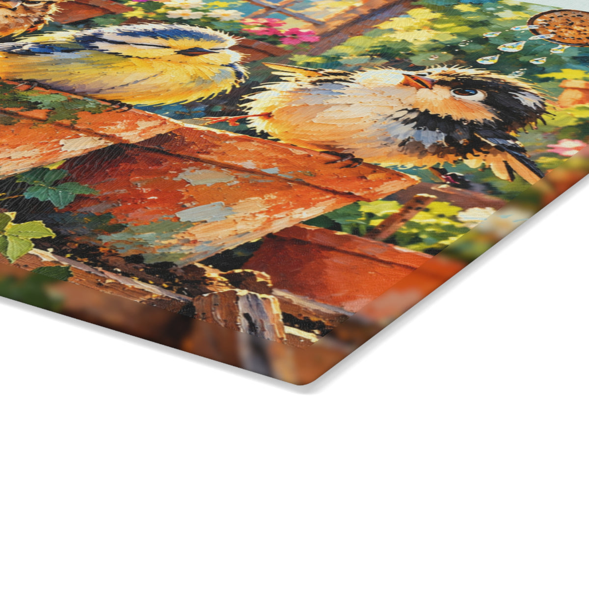 Four Funny Garden Birds – Colorful Painted Tempered Glass Cutting Board – Whimsical Bird and Flower Kitchen Decor