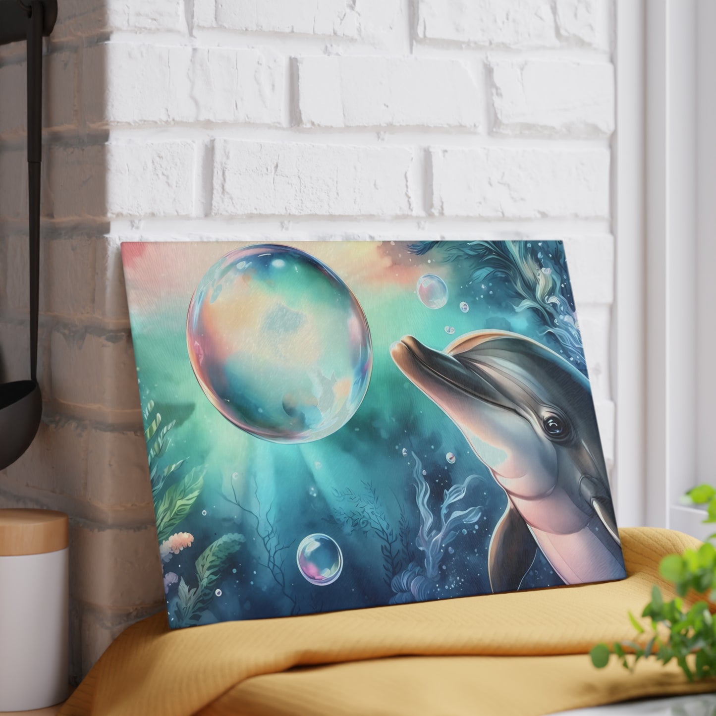 Tabla de cortar con diseño de delfín, vidrio templado con vibrantes escenas de delfines, regalo para chef, regalo para ella, regalo de boda o inauguración de la casa.