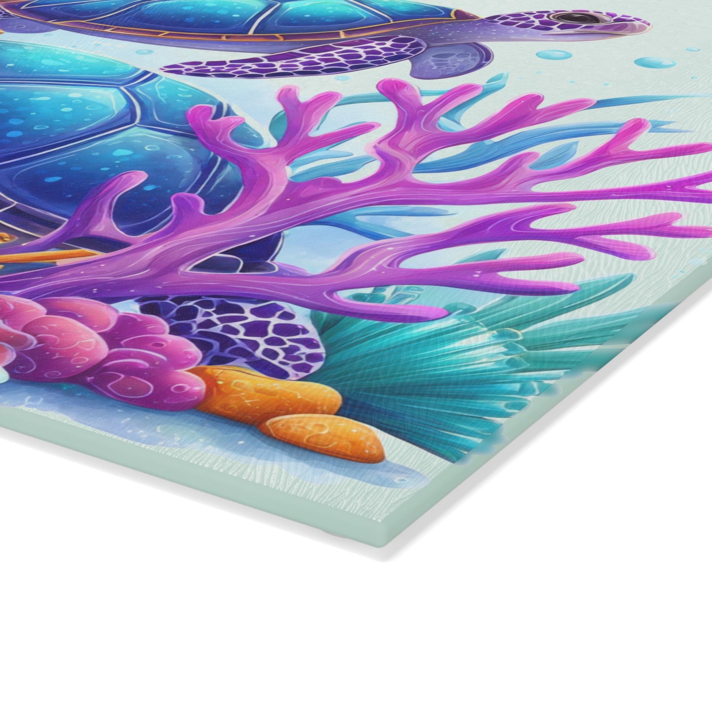 Tabla de cortar con tres tortugas marinas de colores: la alegría del océano se fusiona con la magia submarina