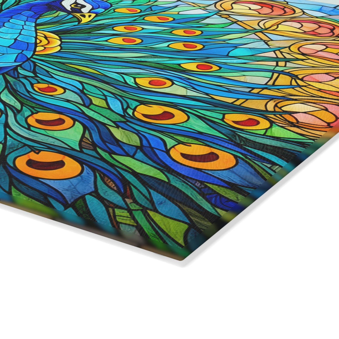Stained Glass Style Peacock Glass Cutting Board – Vibrant Jewel-Tone Art Kitchen Decor
