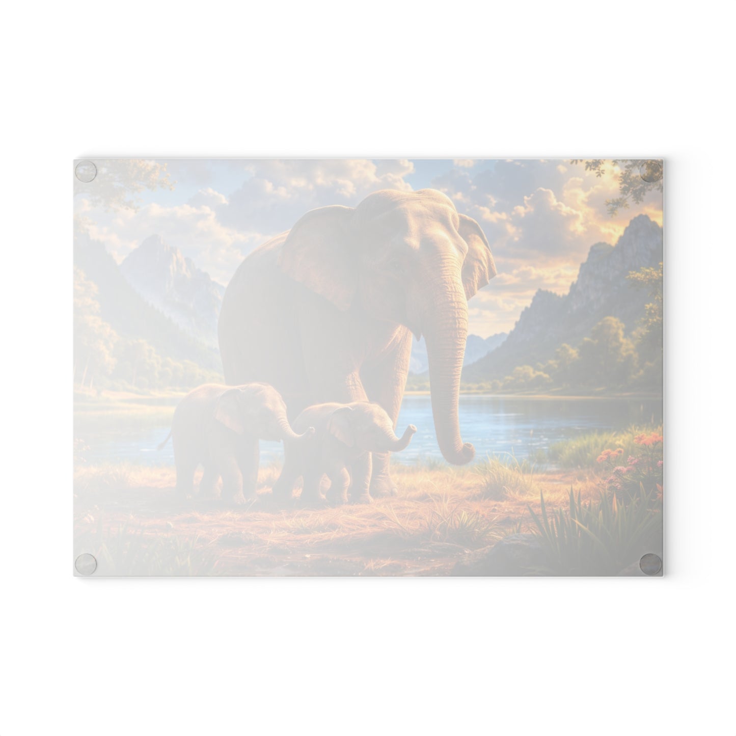 Mother Elephant with Calves Glass Cutting Board – Peaceful Wildlife Family Kitchen Art