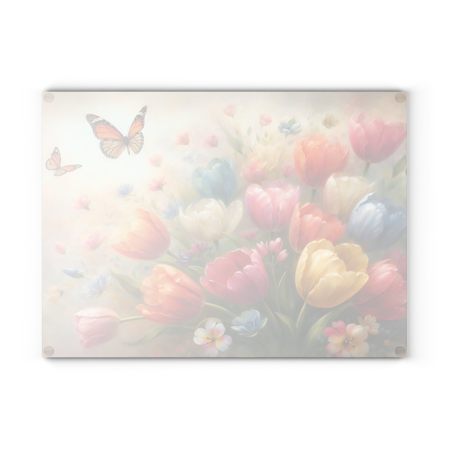 Tulips and Butterflies Glass Cutting Board – Elegant Floral Spring Kitchen Art