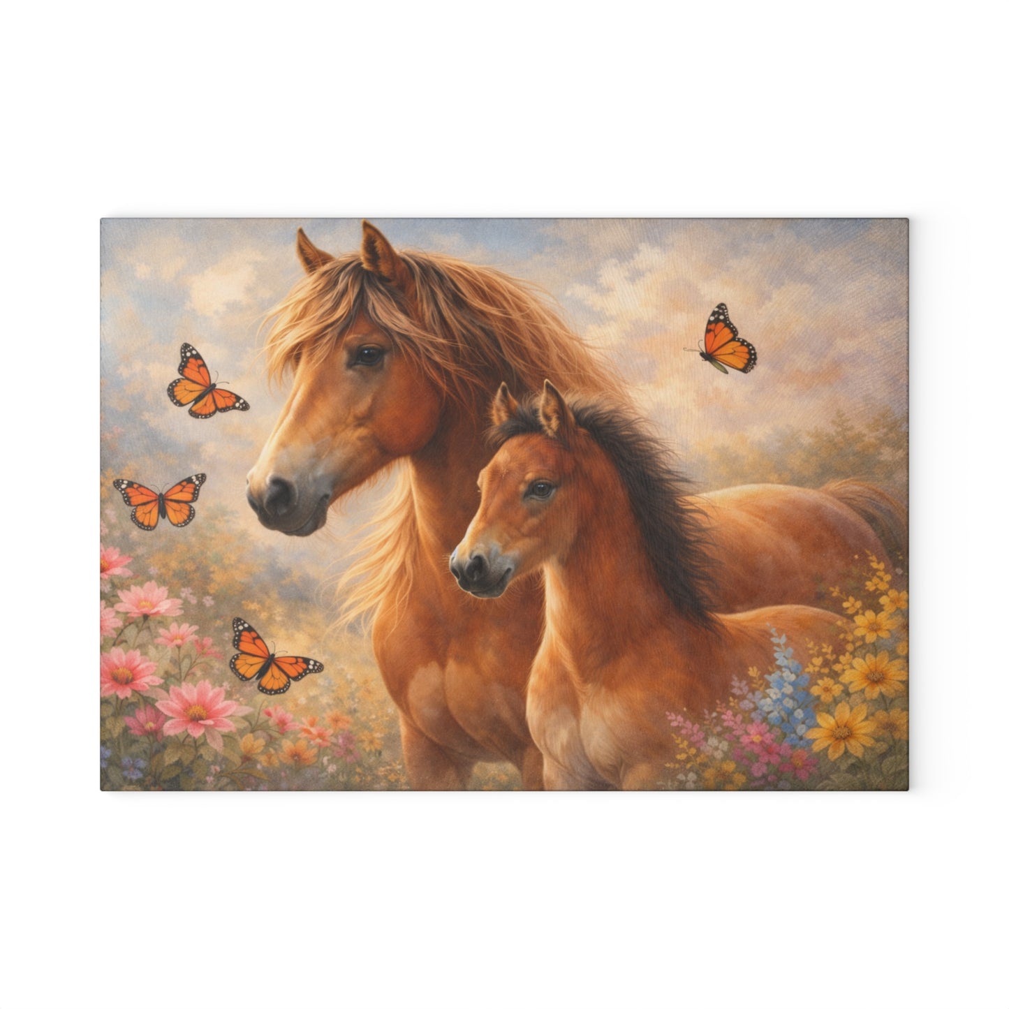 Mother and Foal Floral Glass Cutting Board – Rustic Country Kitchen Decor
