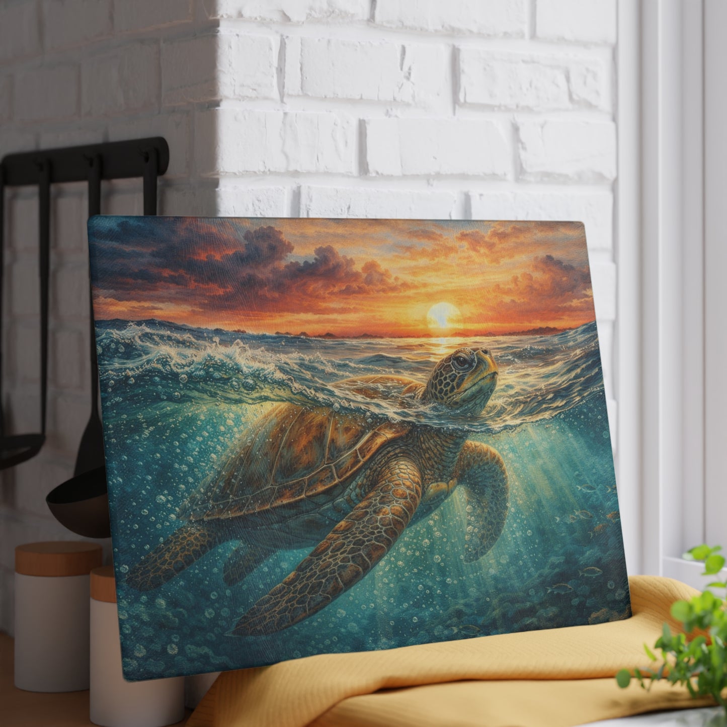 Sea Turtle Sunset Glass Cutting Board – Coastal Ocean Wildlife Kitchen Decor