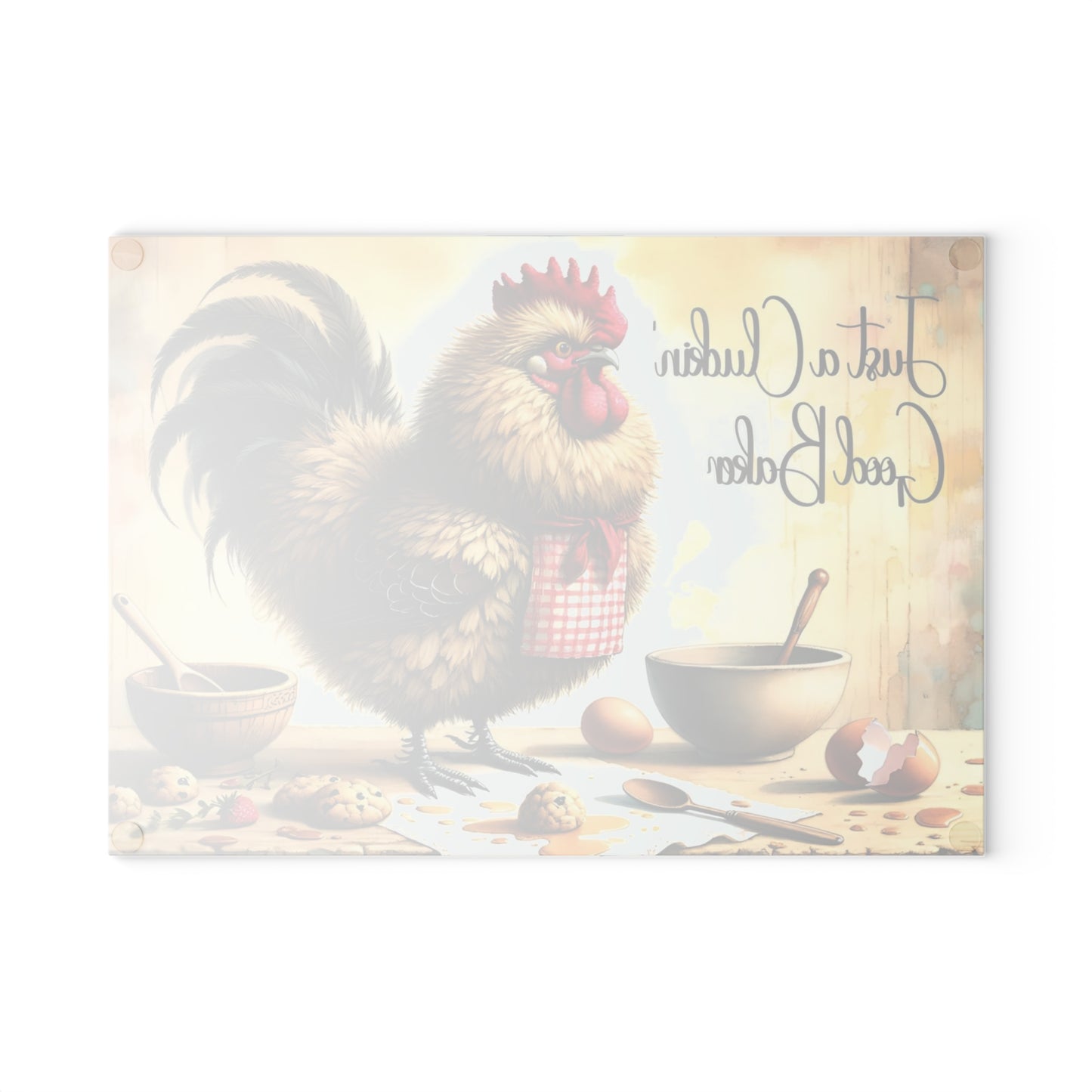 🐔🍪 “Just a Cluckin’ Good Baker” Glass Cutting Board – Cozy Laughs for Your Kitchen