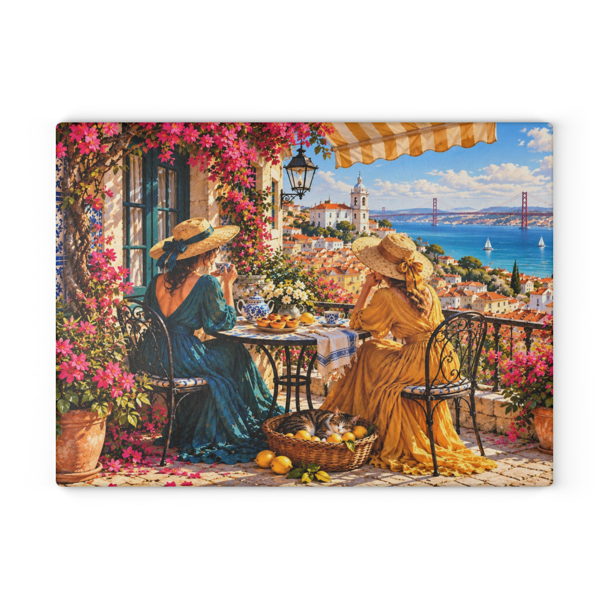 Lisbon Portugal Coastal Terrace – Tempered Glass Cutting Board – European Seaside Art