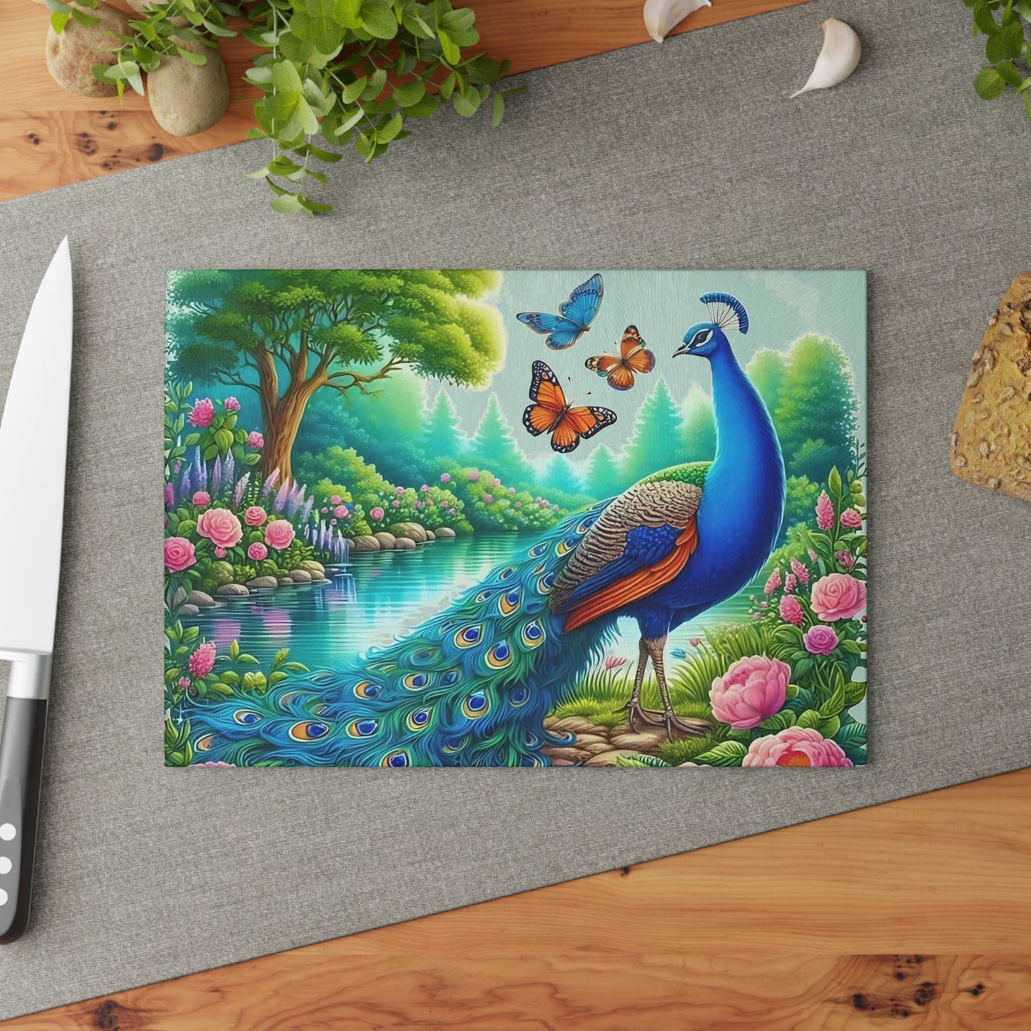 Peacock decor, butterfly decor, cutting board, kitchen decor, kitchen art, serving board, peacock gift, butterfly gift, floral cutting board