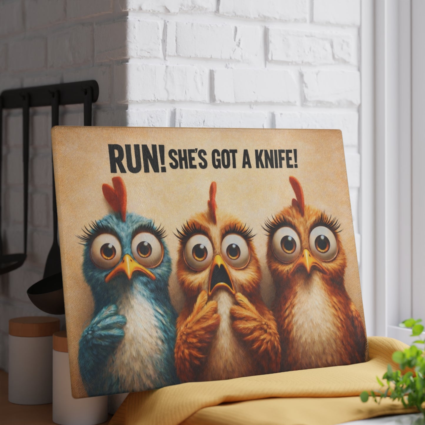 RUN! She’s Got a Knife Glass Cutting Board – Wide-Eyed Chicken Panic Farmhouse Artwork