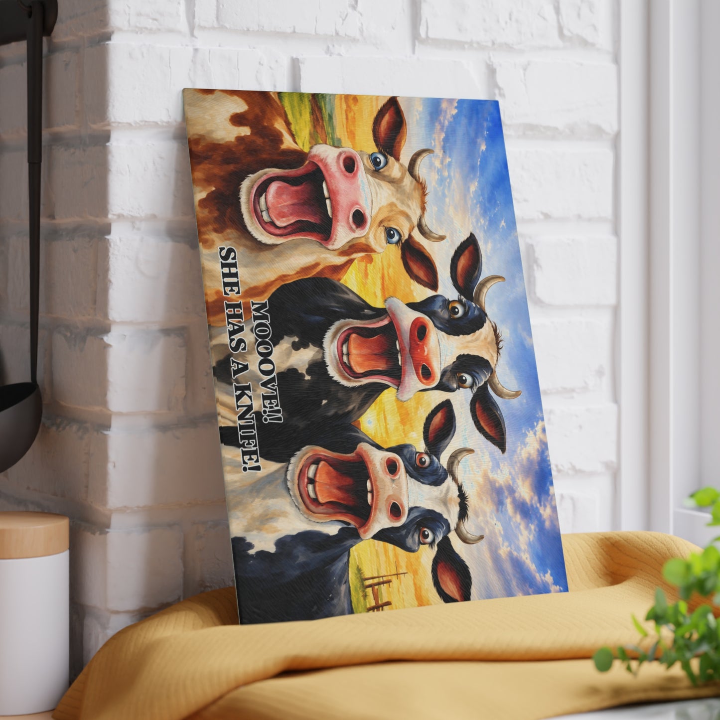 Mooove!! She Has a Knife Glass Cutting Board – Funny Farm Kitchen Decor