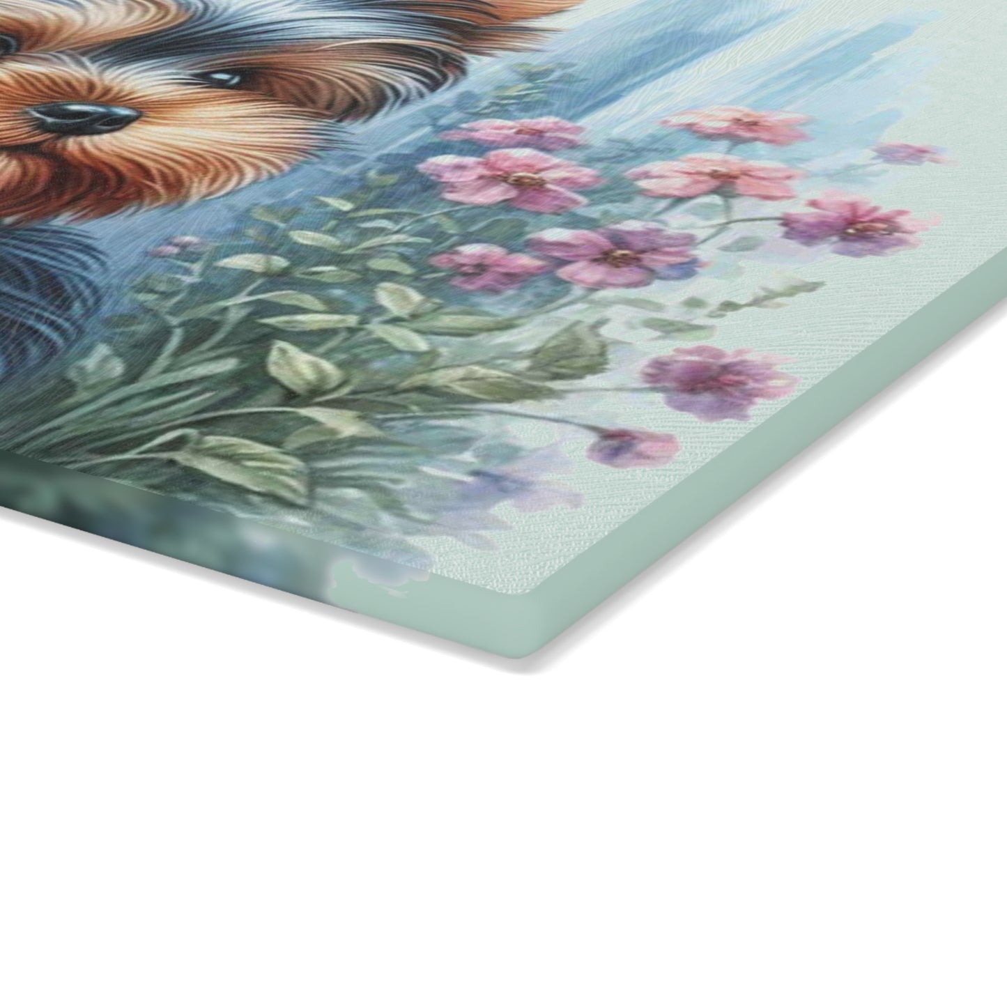 🐾🌸 “Cottage Yorkie Peek” Tempered Glass Board – Sweet Pup & Floral Charm