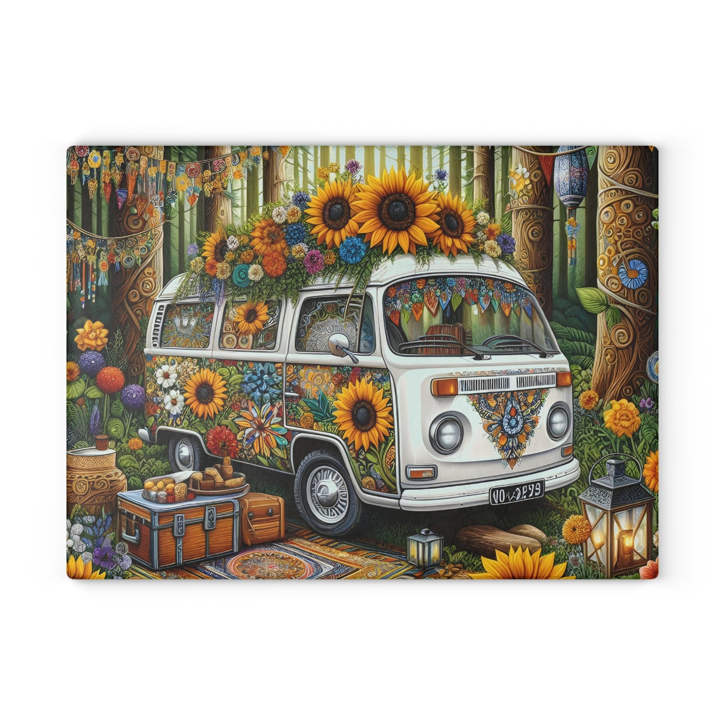 🌻 Boho Sunflower Van Cutting Board – Retro Vibes for Your Kitchen 🌼