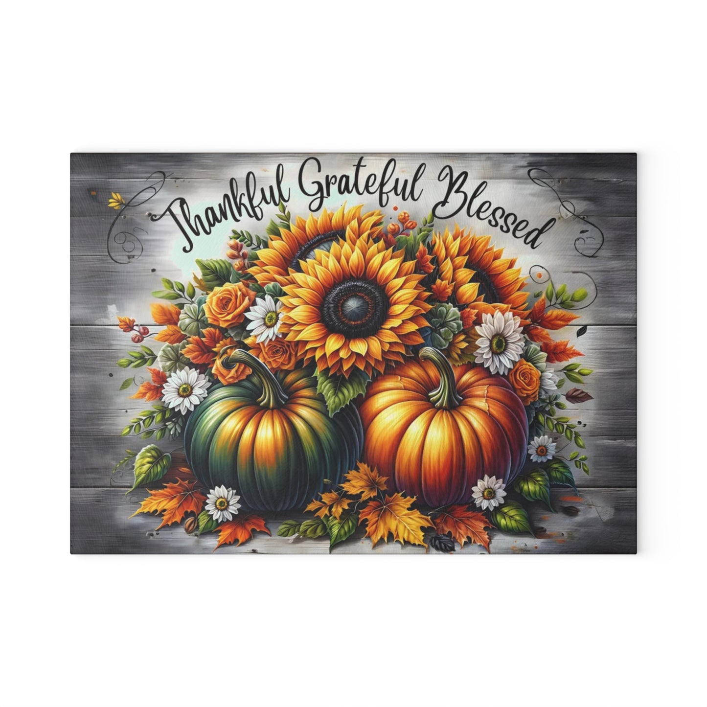 🌻🎃 Thankful Grateful Blessed Cutting Board – Autumn Sunflowers & Pumpkins for Seasonal Charm 🍁✨