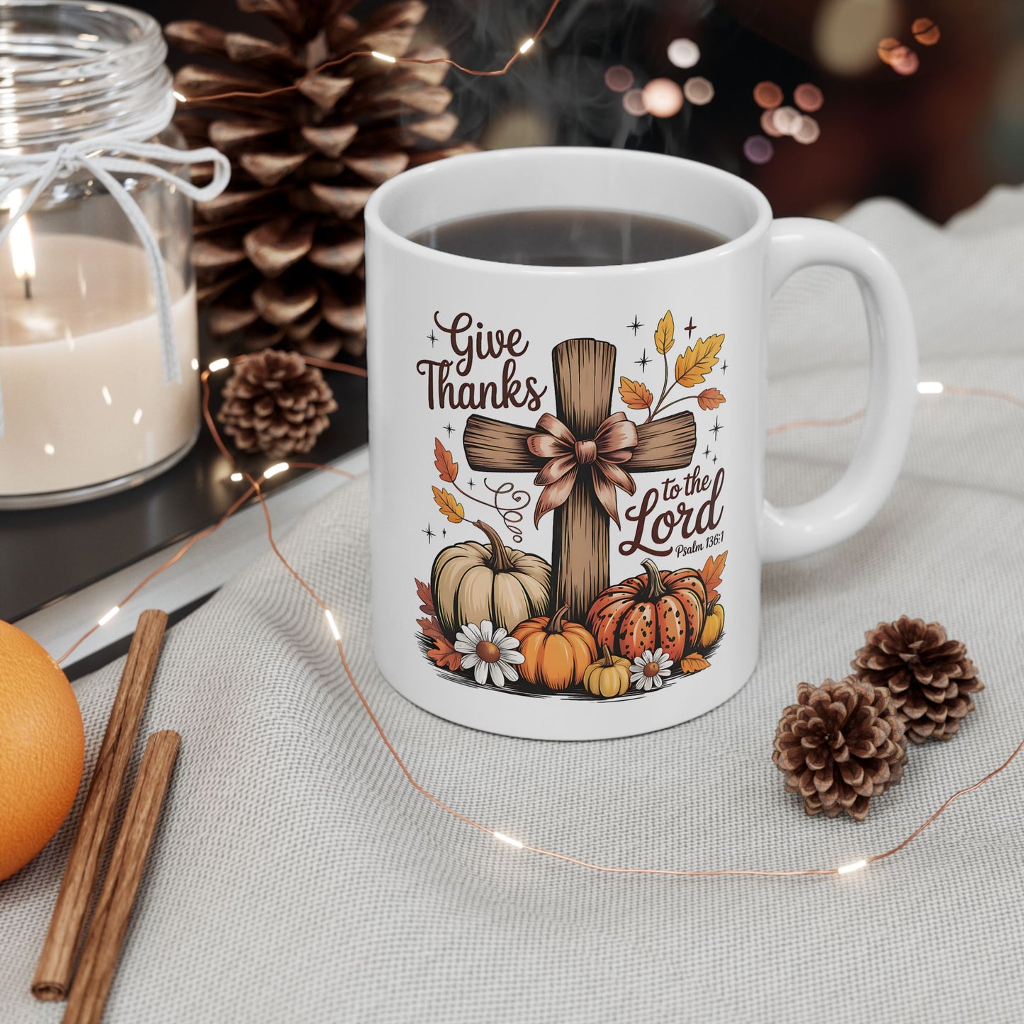 ✝️🍂 Give Thanks to the Lord Mug – Christian Fall Coffee Cup with Pumpkins & Scripture 🌻☕