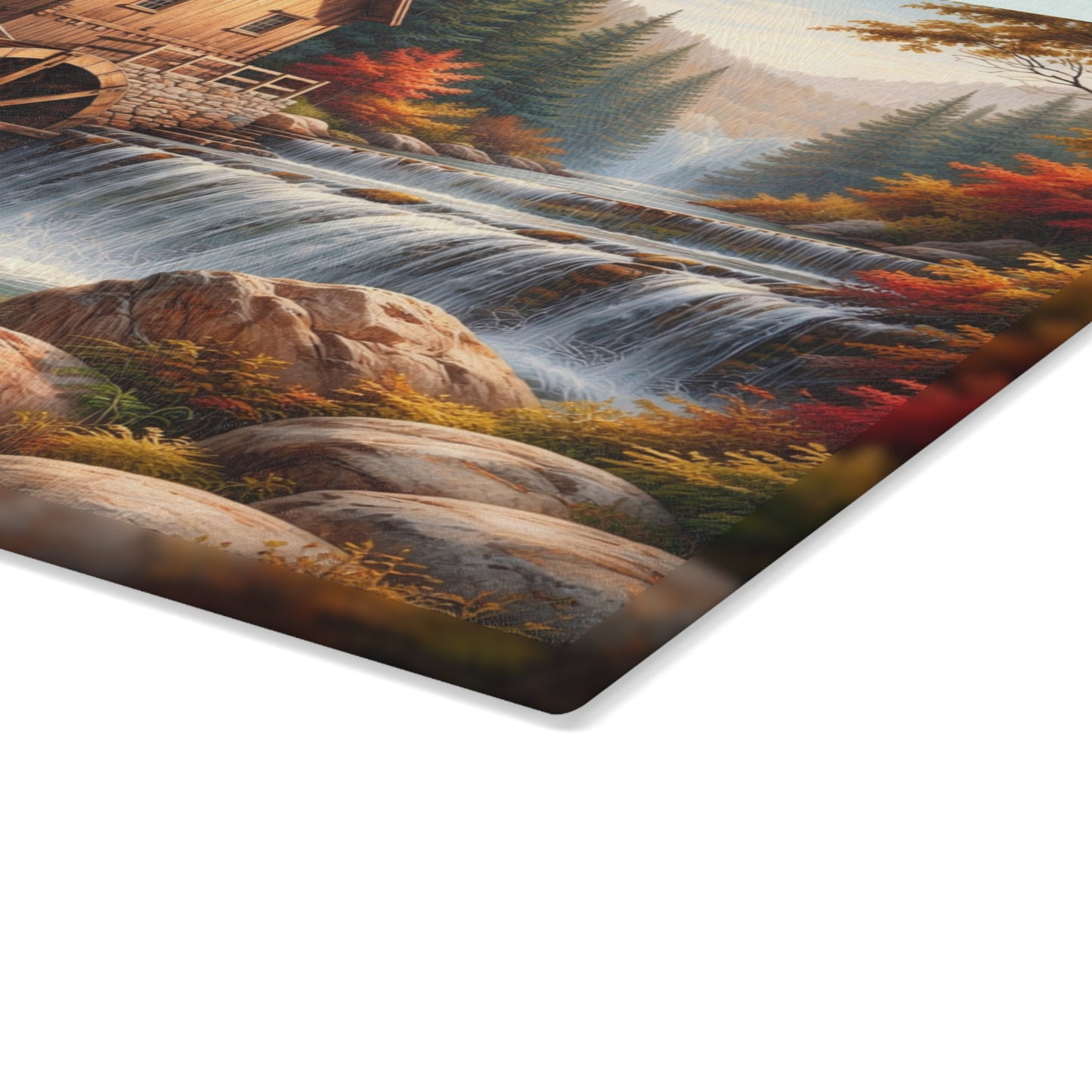 Autumn Watermill Landscape Glass Cutting Board – Rustic Mill and Waterfall Kitchen Art