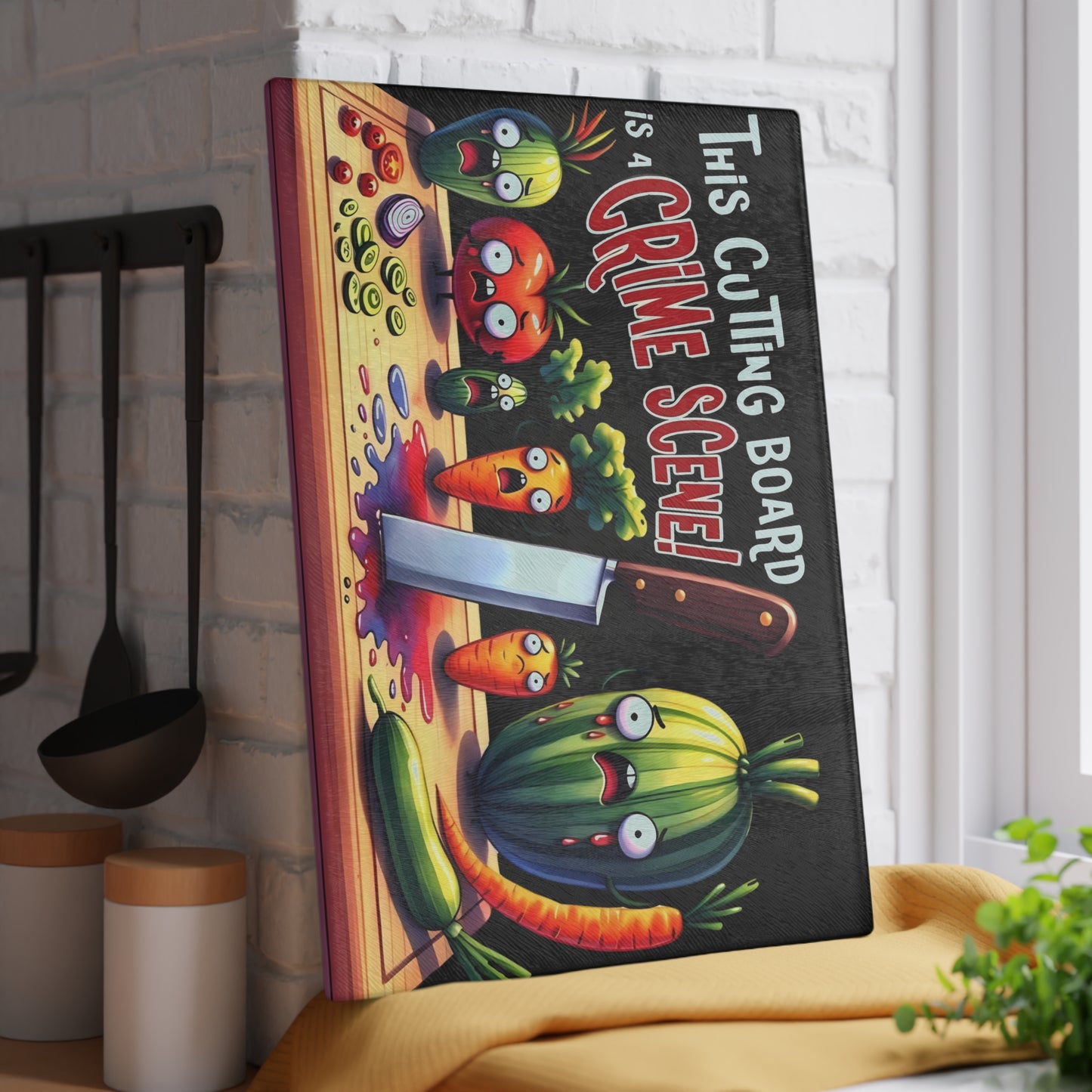 Tabla de cortar de vidrio para escena del crimen en la cocina: ¡Vegetales gritones y estilo asesino!