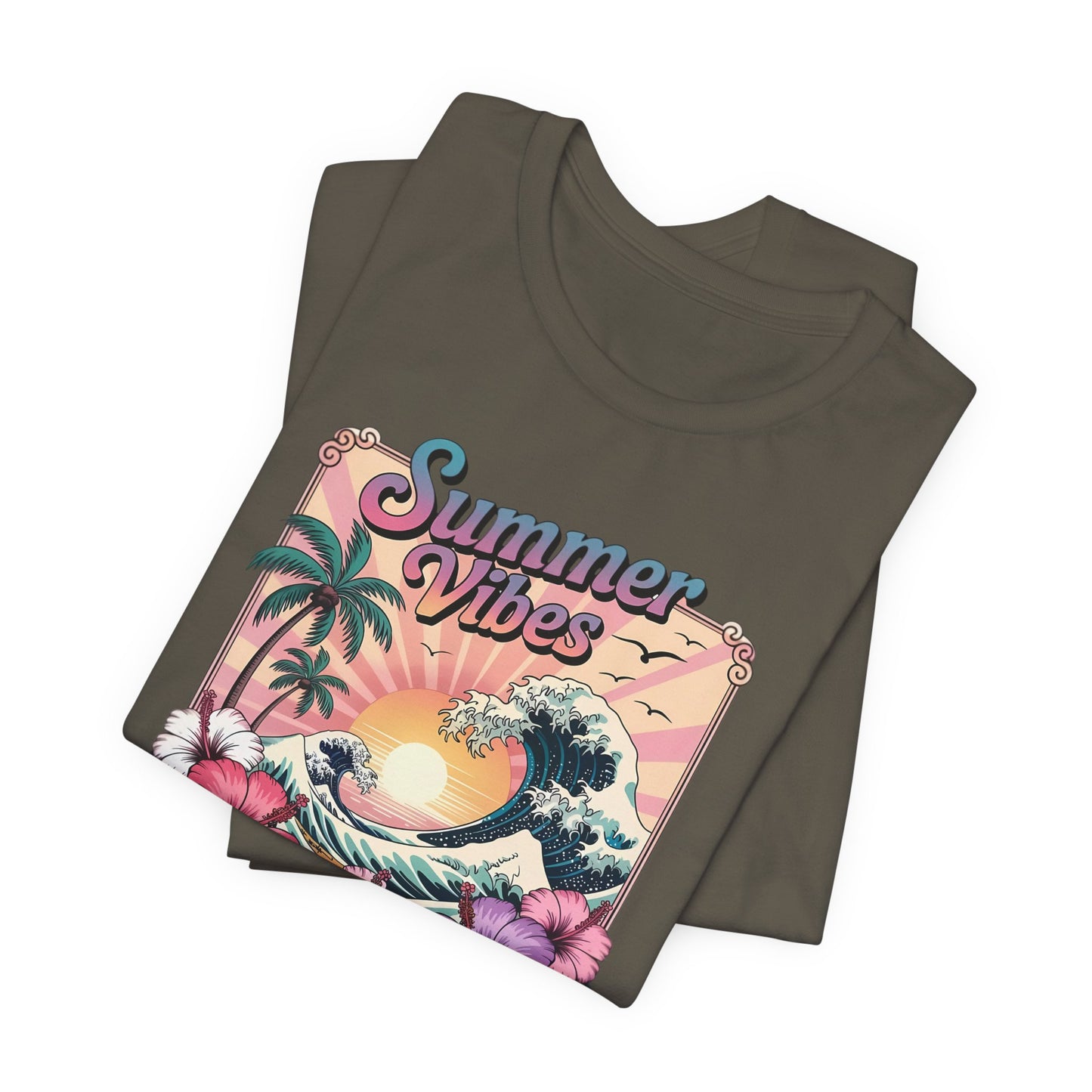 ☀️ Camiseta Summer Vibes – Ola playera vibrante, hibisco y palmeras | Camiseta gráfica para mujer