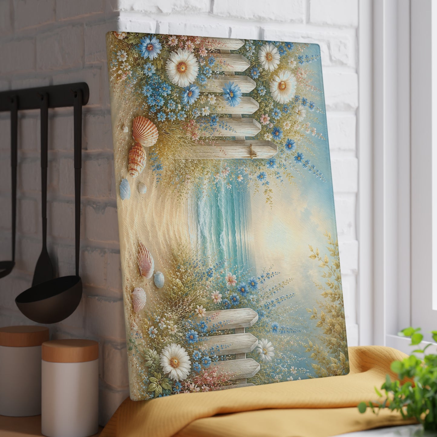 Coastal Floral Beach Path Glass Cutting Board