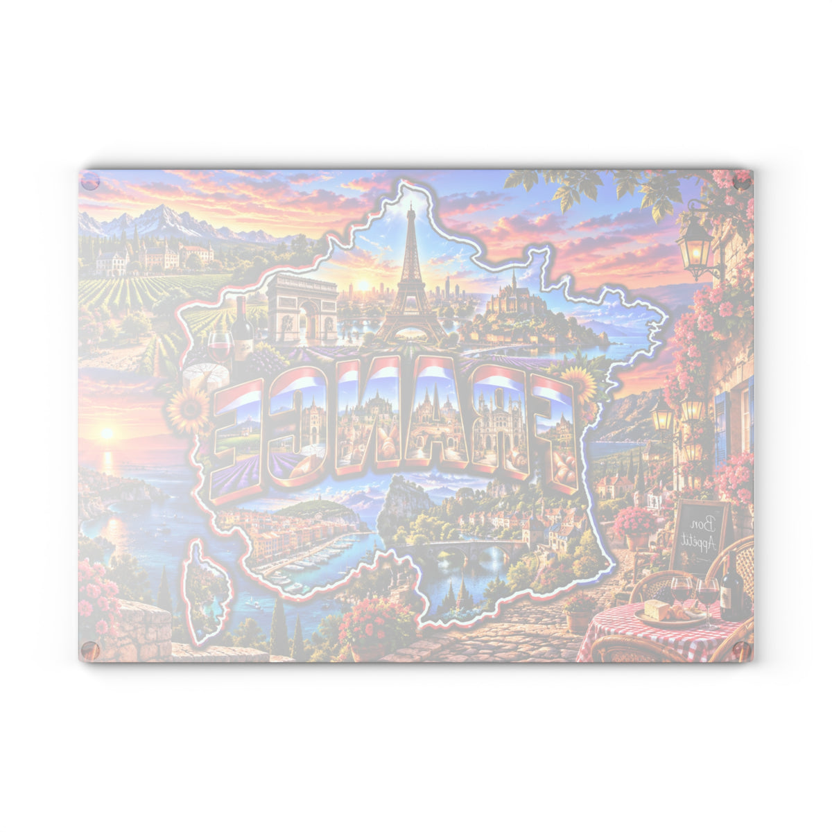 France Map Cutting Board – Eiffel Tower, Paris Landmarks, Lavender Fields, French Riviera & Scenic Kitchen Décor