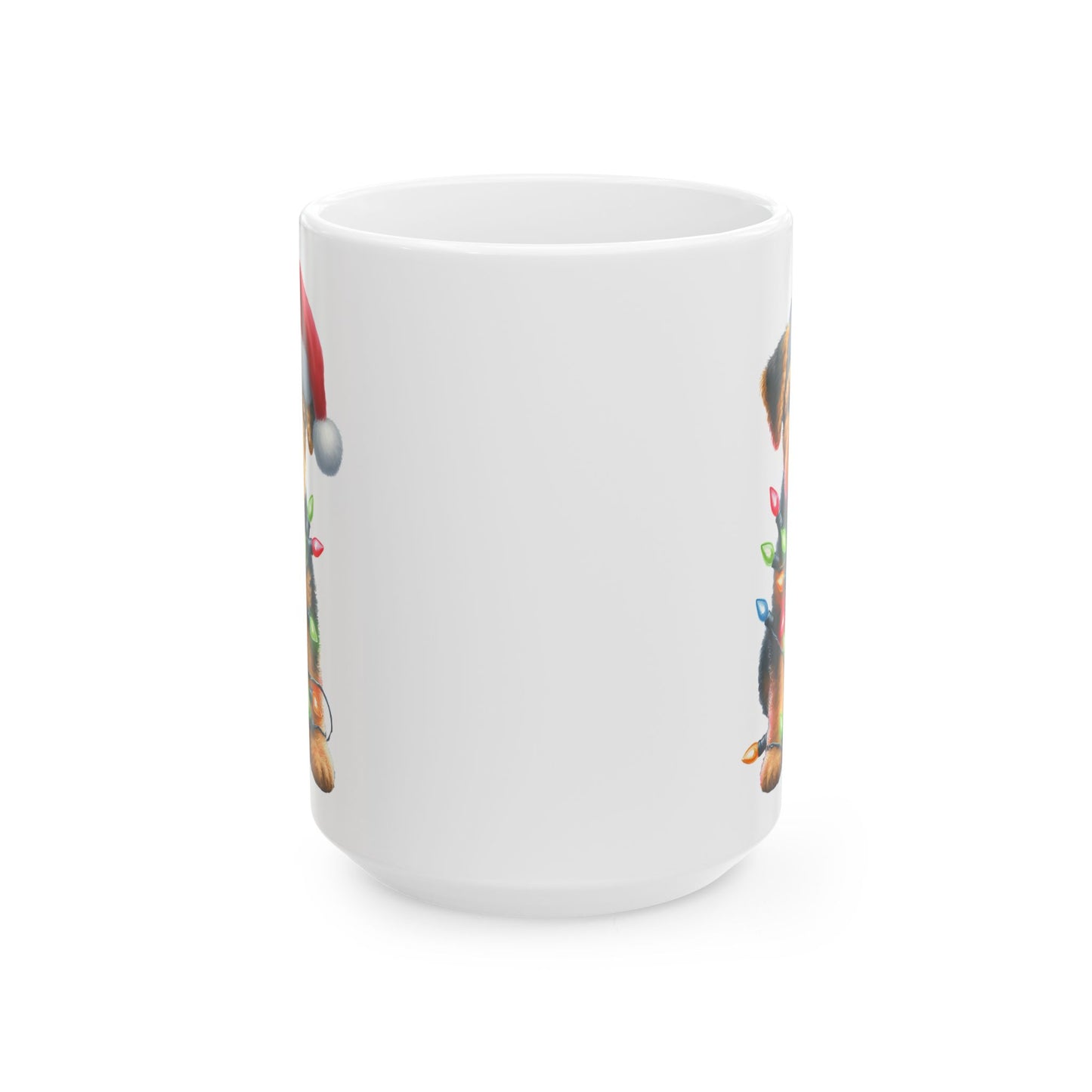 🎄 Airedale Terrier Christmas Mug – Jolly Pup with Santa Hat & Twinkling Lights 🎁