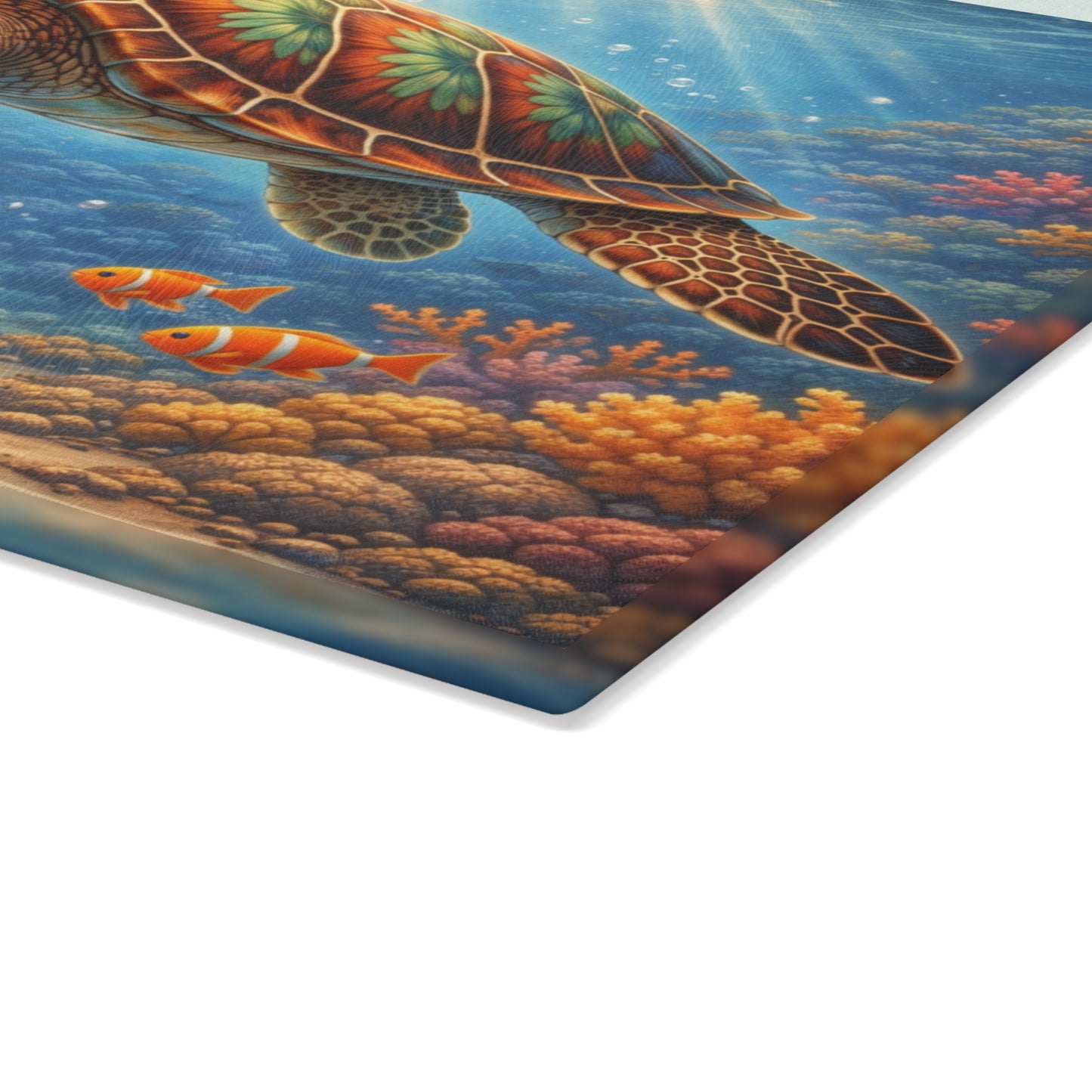 Colorful Sea Turtle Glass Cutting Board – Vibrant Underwater Ocean Reef Kitchen Art