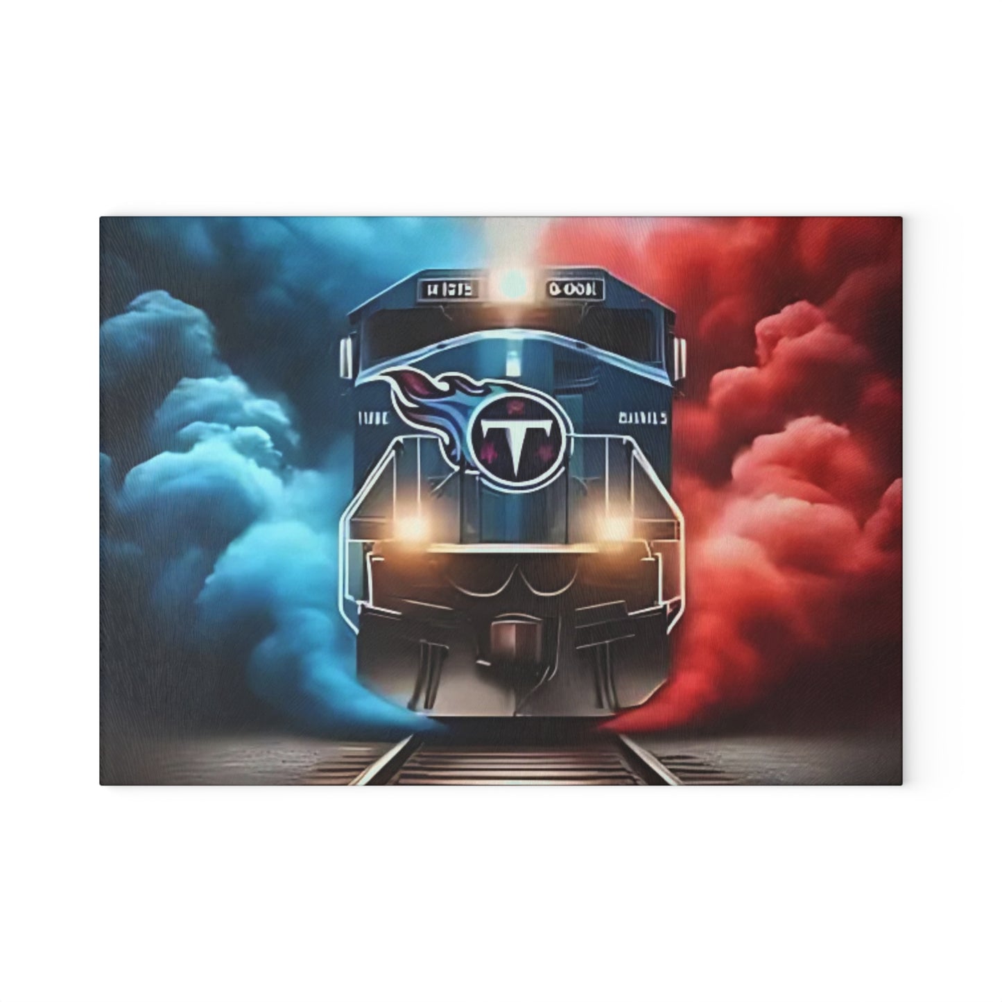 Tabla de cortar de vidrio Express en azul marino y rojo: un diseño de tren audaz para cocinas modernas y atrevidas