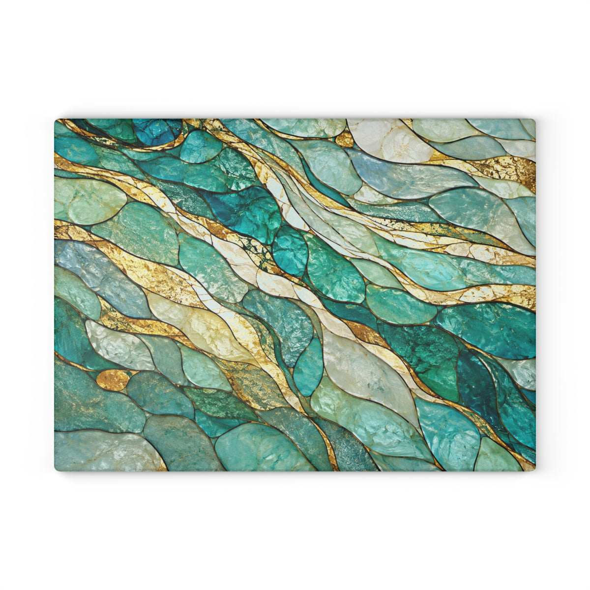 Aqua & Gold Stained-Glass-Inspired Glass Cutting Board – Abstract Kitchen Decor