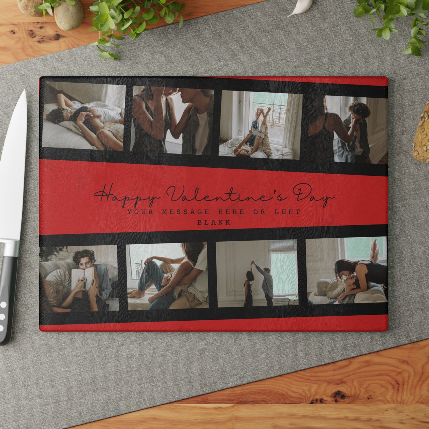 Happy Valentine’s Day Photo Collage Glass Cutting Board – Personalized Romantic Keepsake