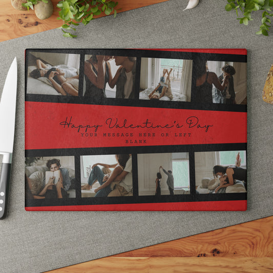 Happy Valentine’s Day Photo Collage Glass Cutting Board – Personalized Romantic Keepsake