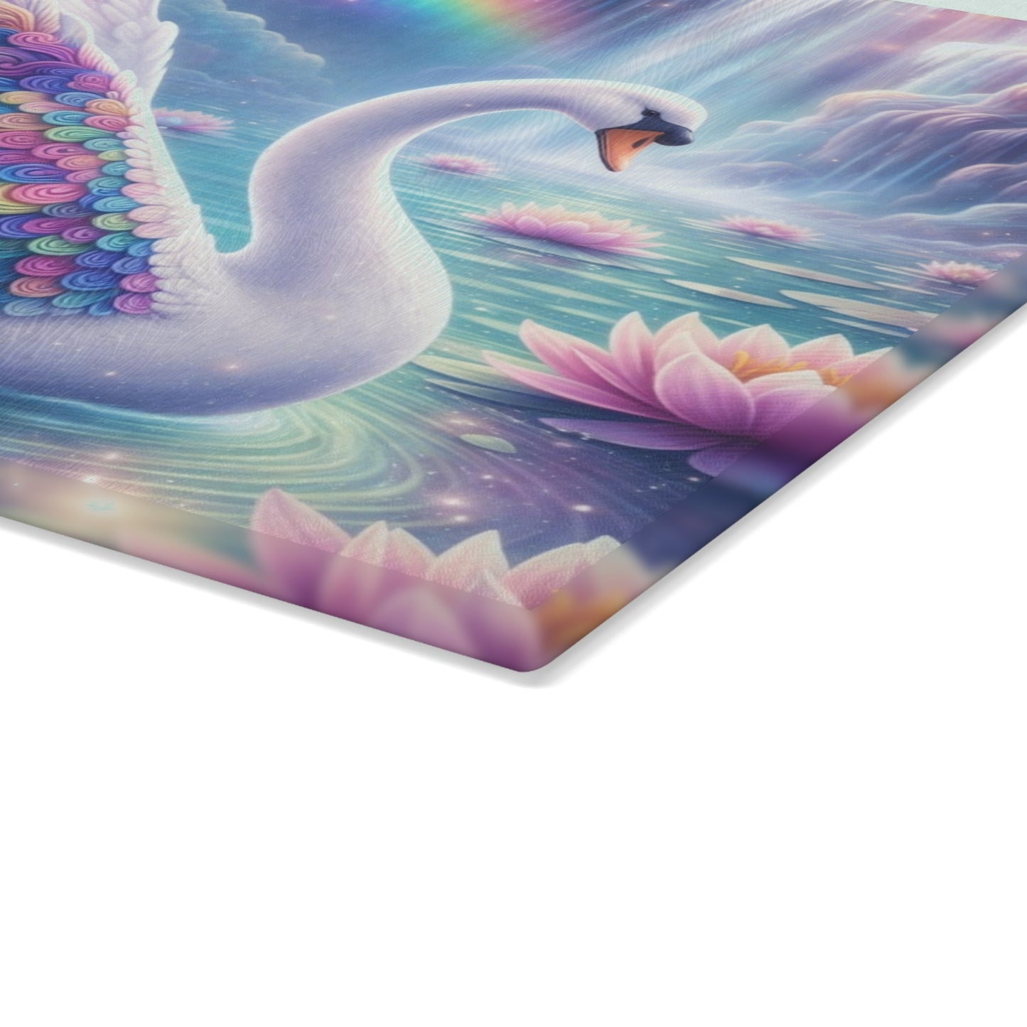 Rainbow Swan Fantasy Glass Cutting Board – Dreamy Water Garden Kitchen Art