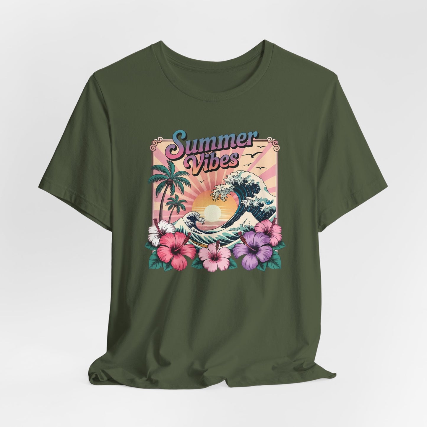 ☀️ Camiseta Summer Vibes – Ola playera vibrante, hibisco y palmeras | Camiseta gráfica para mujer